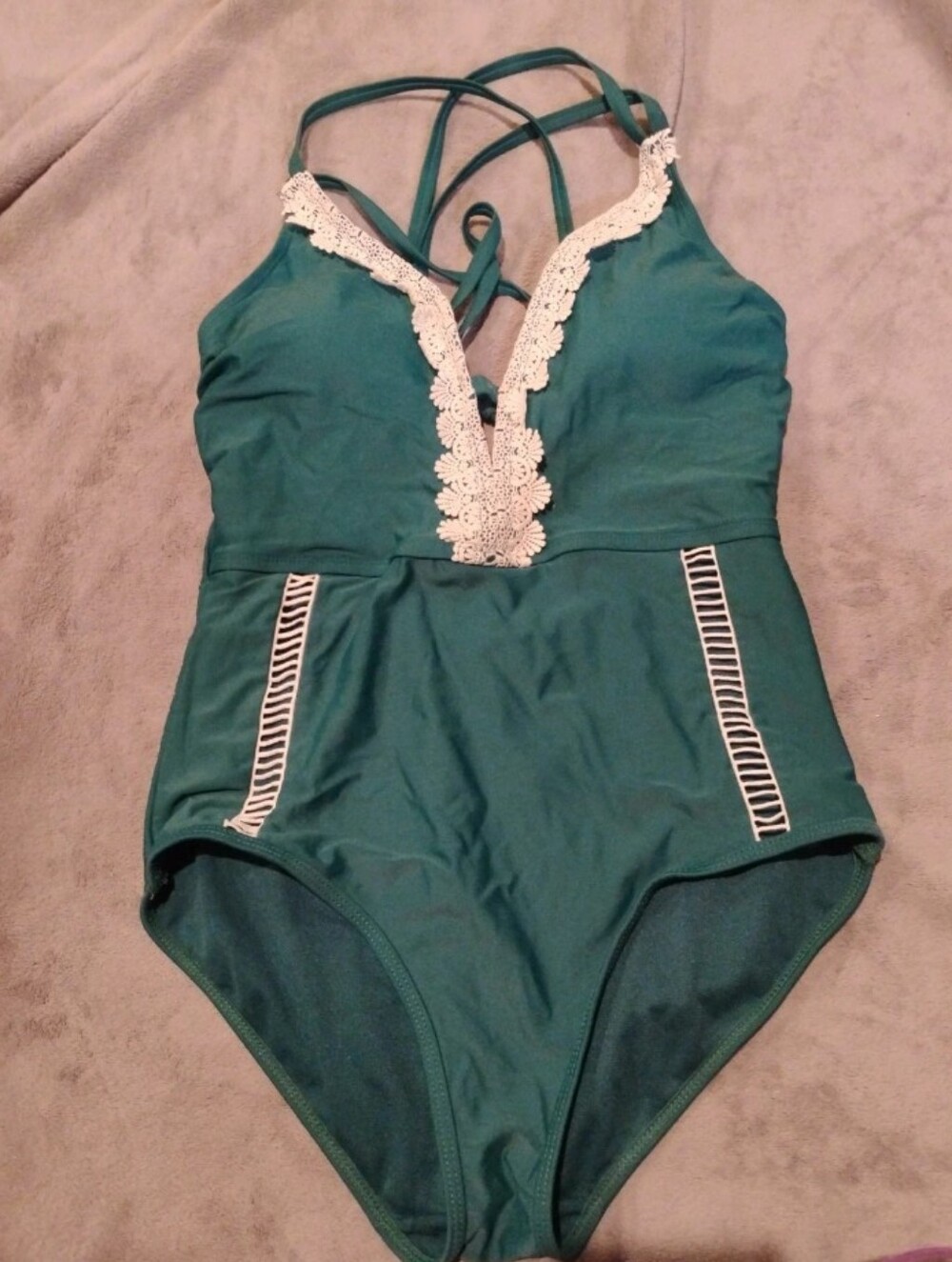 Time and Tru Teal Green Crochet Lace V-Neck One Piece Swimsuit - M 8-10